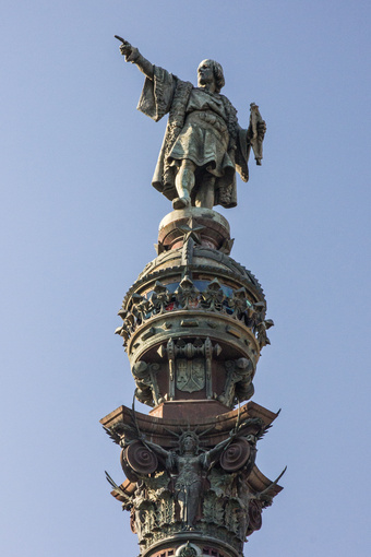 Barcelona Cilumbus monument (Mirador de Colom), Catalonia, Spain. Bronze statue